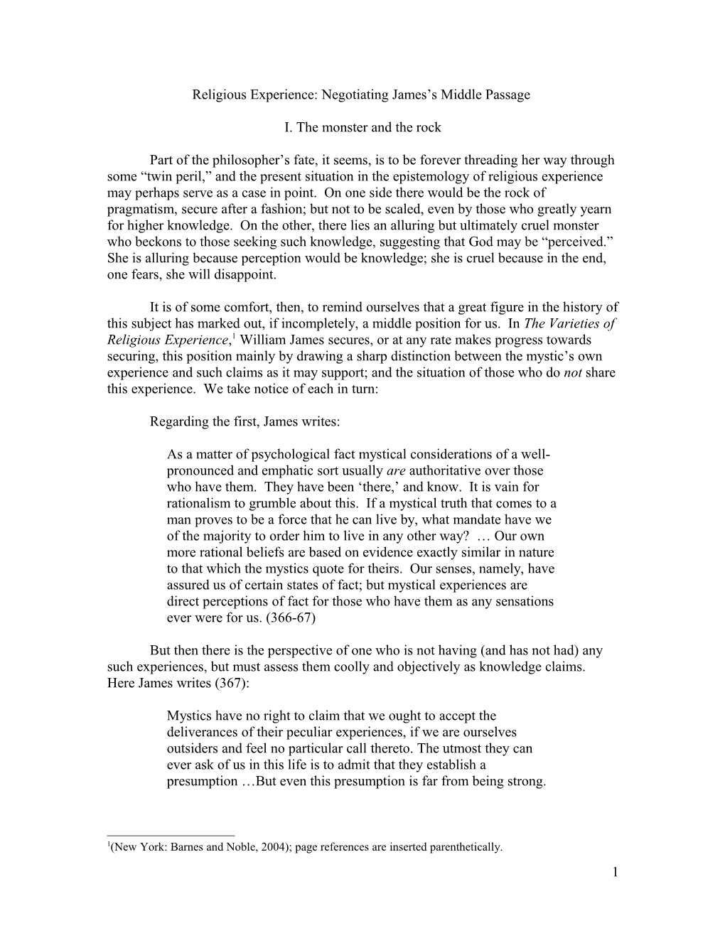 Religious Experience: Negotiating James S Middle Passage (Draft)