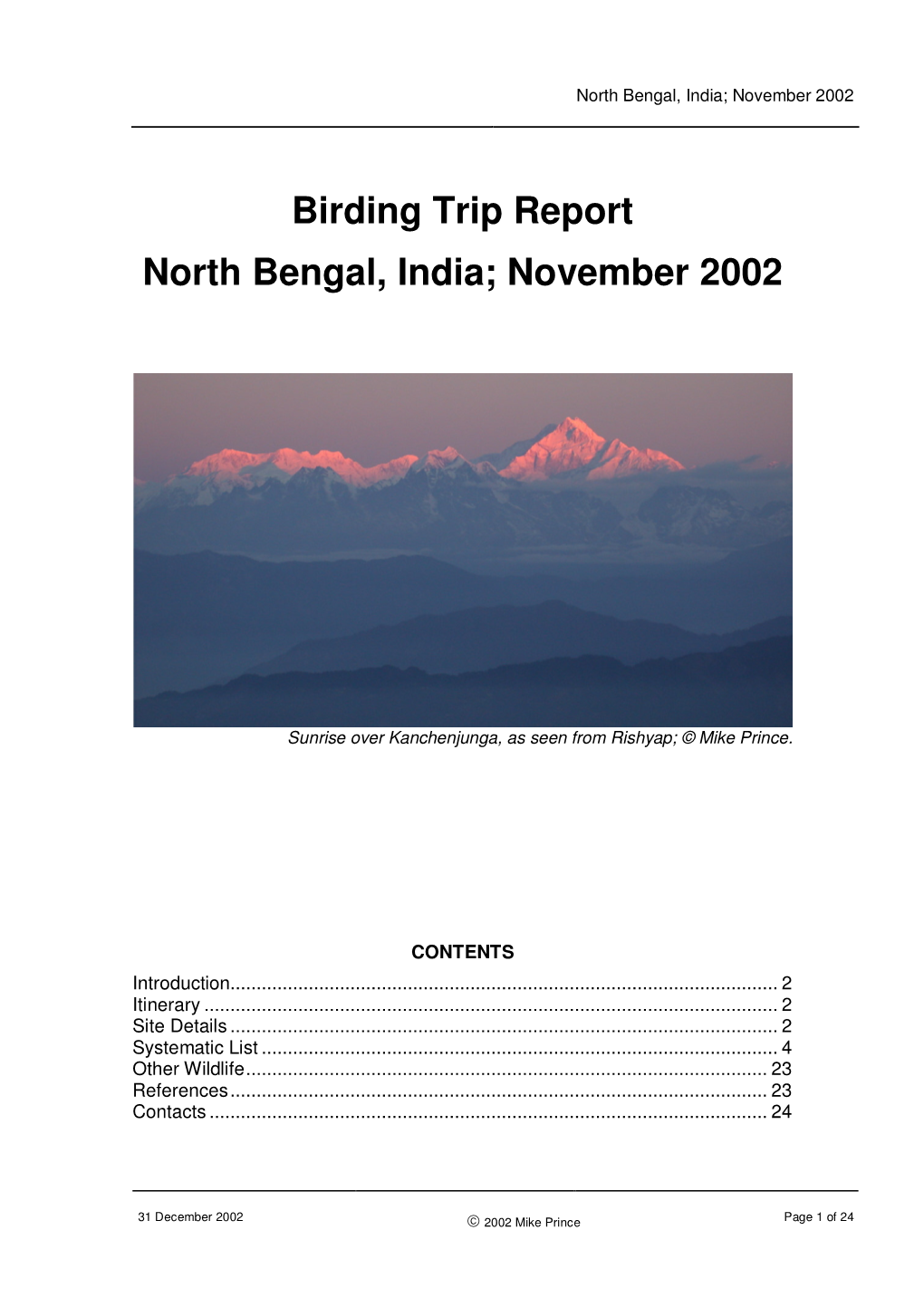 Birding Trip Report North Bengal, India; November 2002