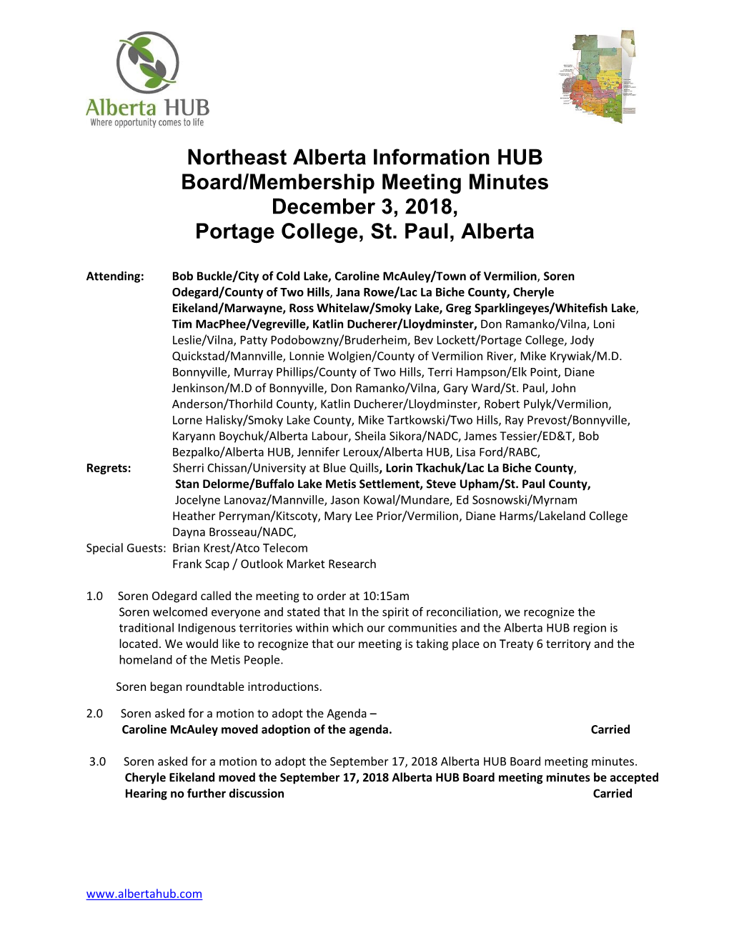 Northeast Alberta Information HUB Board/Membership Meeting Minutes December 3, 2018, Portage College, St