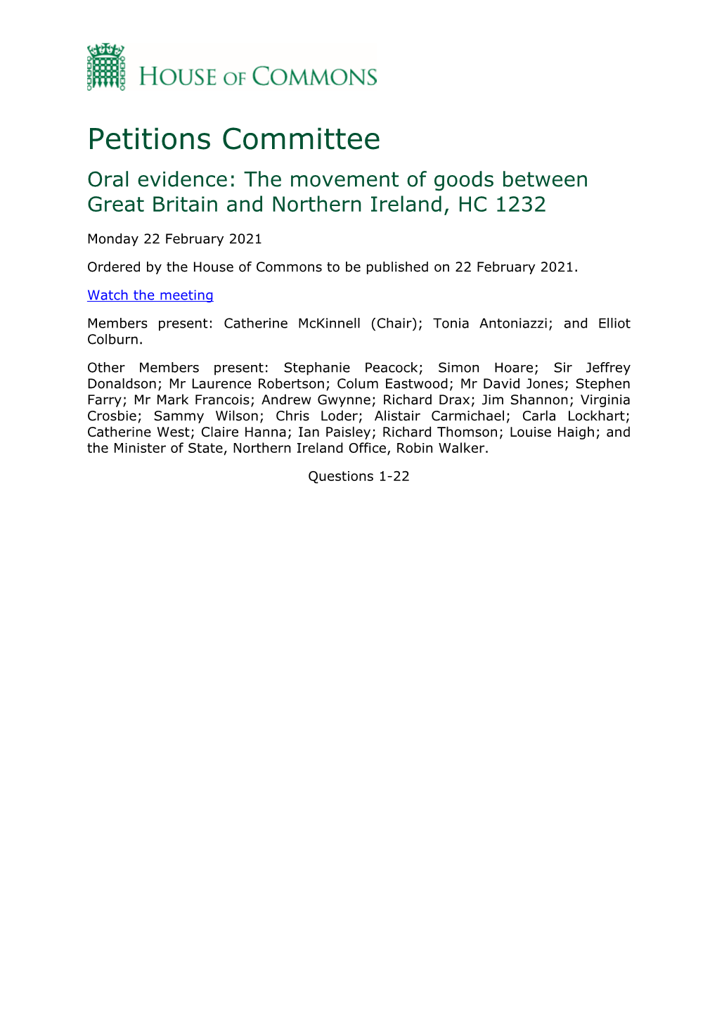 Petitions Committee Oral Evidence: the Movement of Goods Between Great Britain and Northern Ireland, HC 1232
