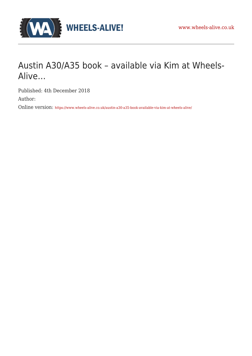 Austin A30/A35 Book – Available Via Kim at Wheels- Alive…