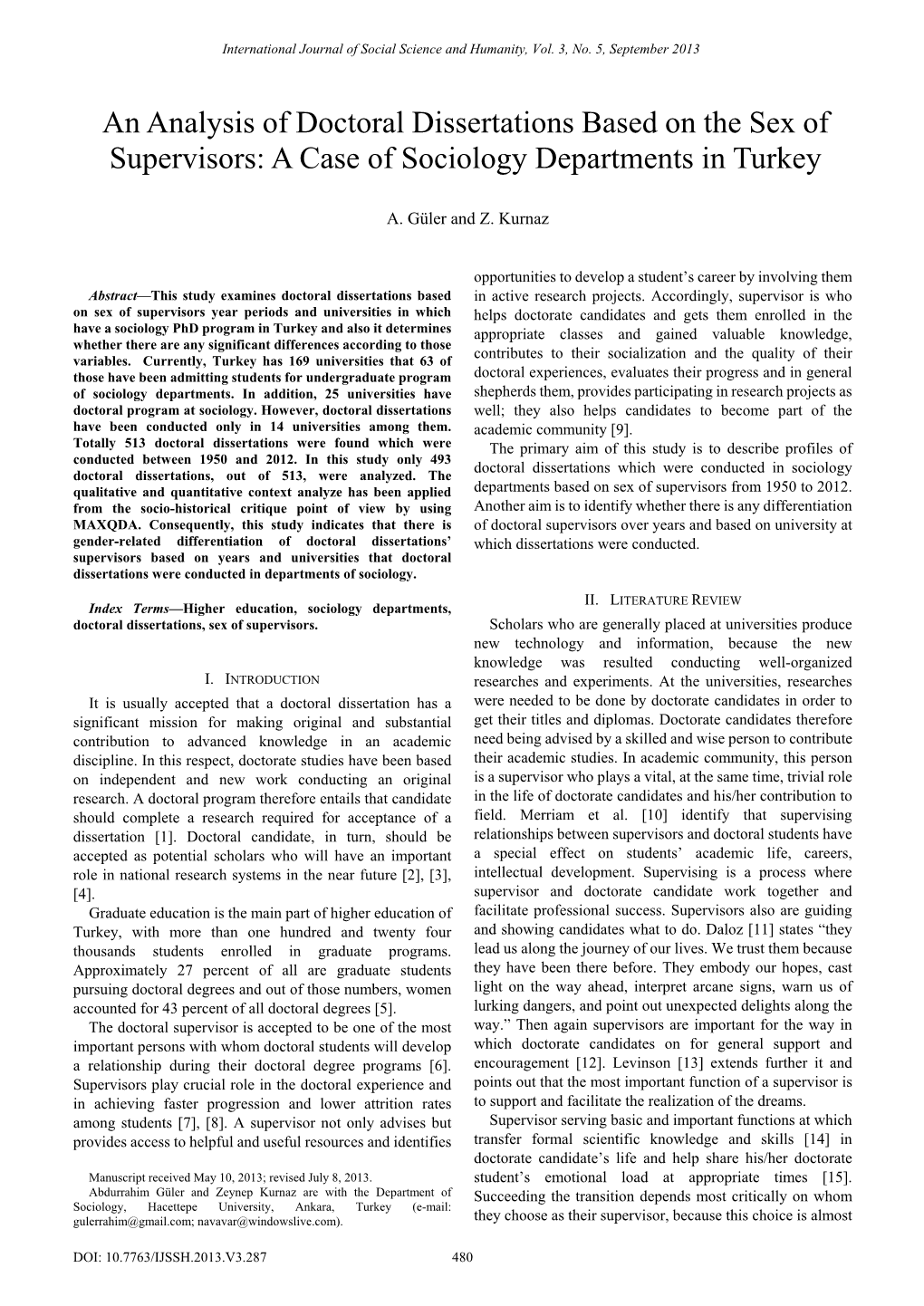 An Analysis of Doctoral Dissertations Based on the Sex of Supervisors: a Case of Sociology Departments in Turkey