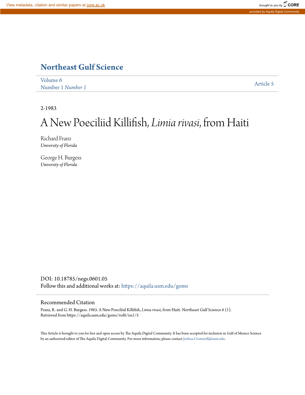 A New Poeciliid Killifish, Limia Rivasi, from Haiti Richard Franz University of Florida