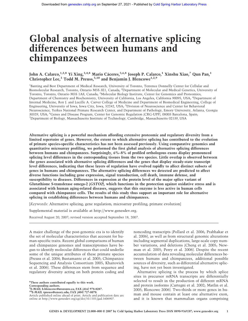 Global Analysis of Alternative Splicing Differences Between Humans and Chimpanzees