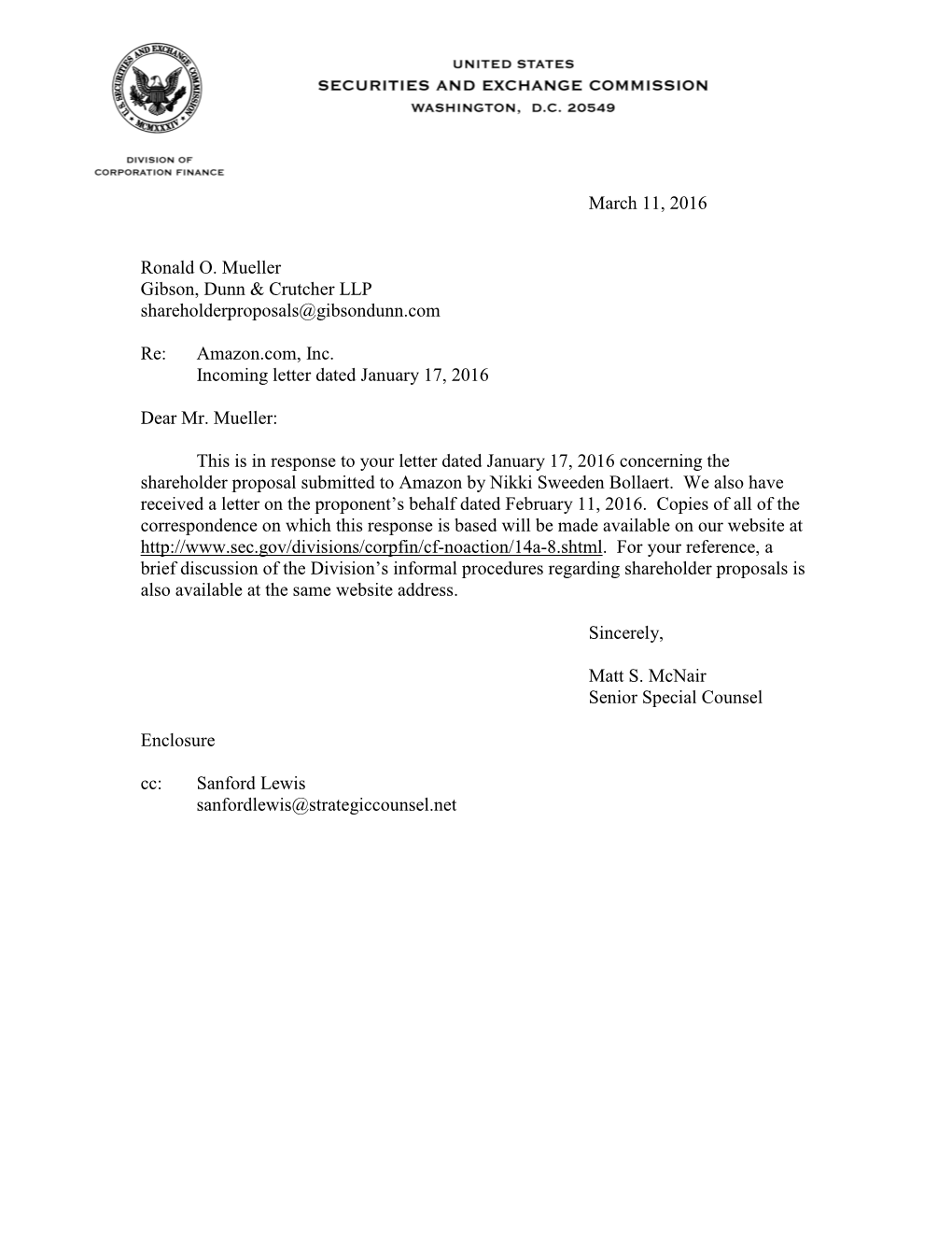 Amazon.Com, Inc. Incoming Letter Dated January 17, 2016
