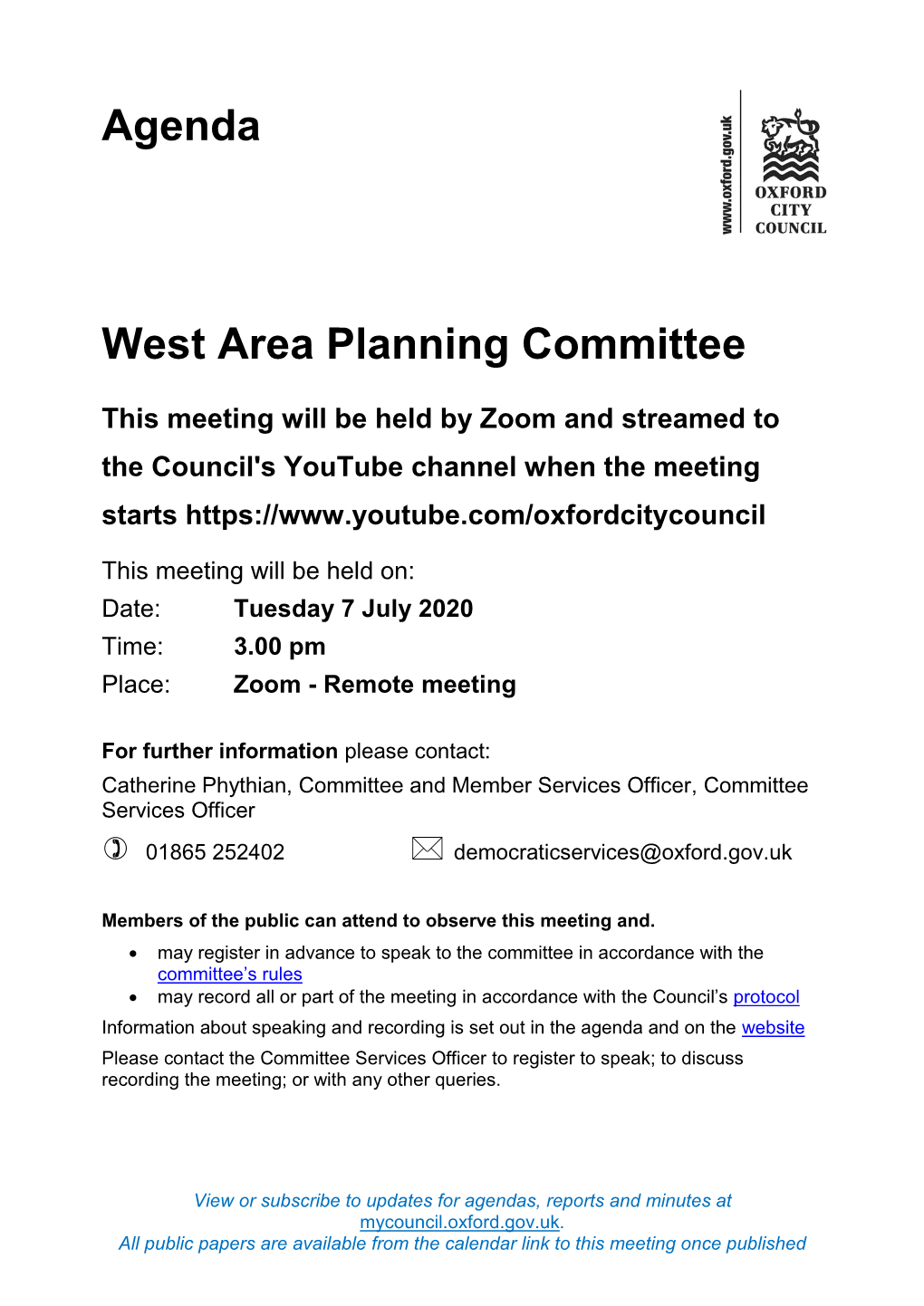 (Public Pack)Agenda Document for West Area Planning Committee, 07