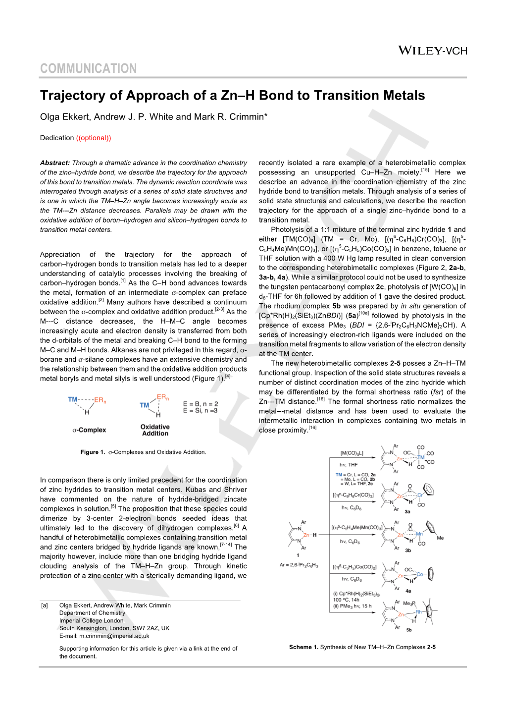 COMMUNICATION Trajectory of Approach of a Zn–H Bond to Transition Metals
