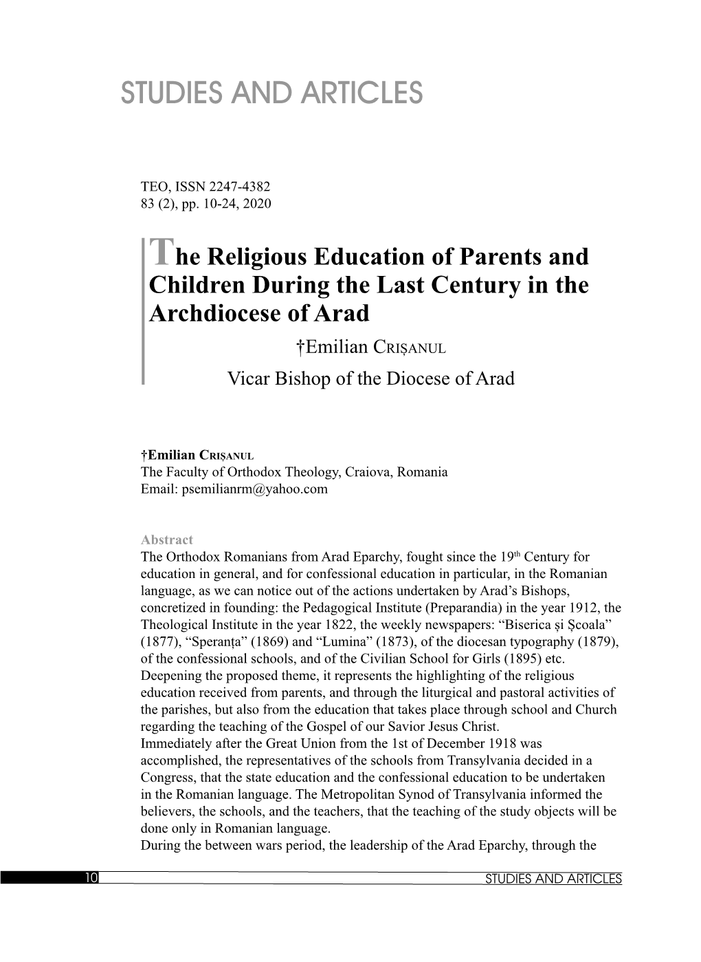 The Religious Education of Parents and Children During the Last Century in the Archdiocese of Arad
