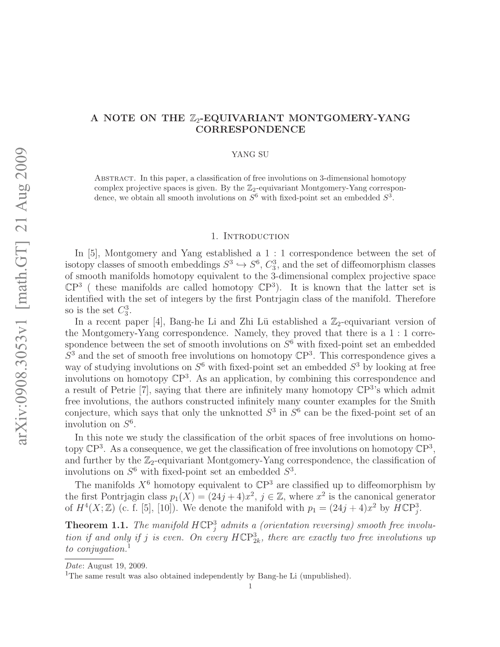 A Note on the $\Mathbb Z 2 $-Equivariant Montgomery-Yang