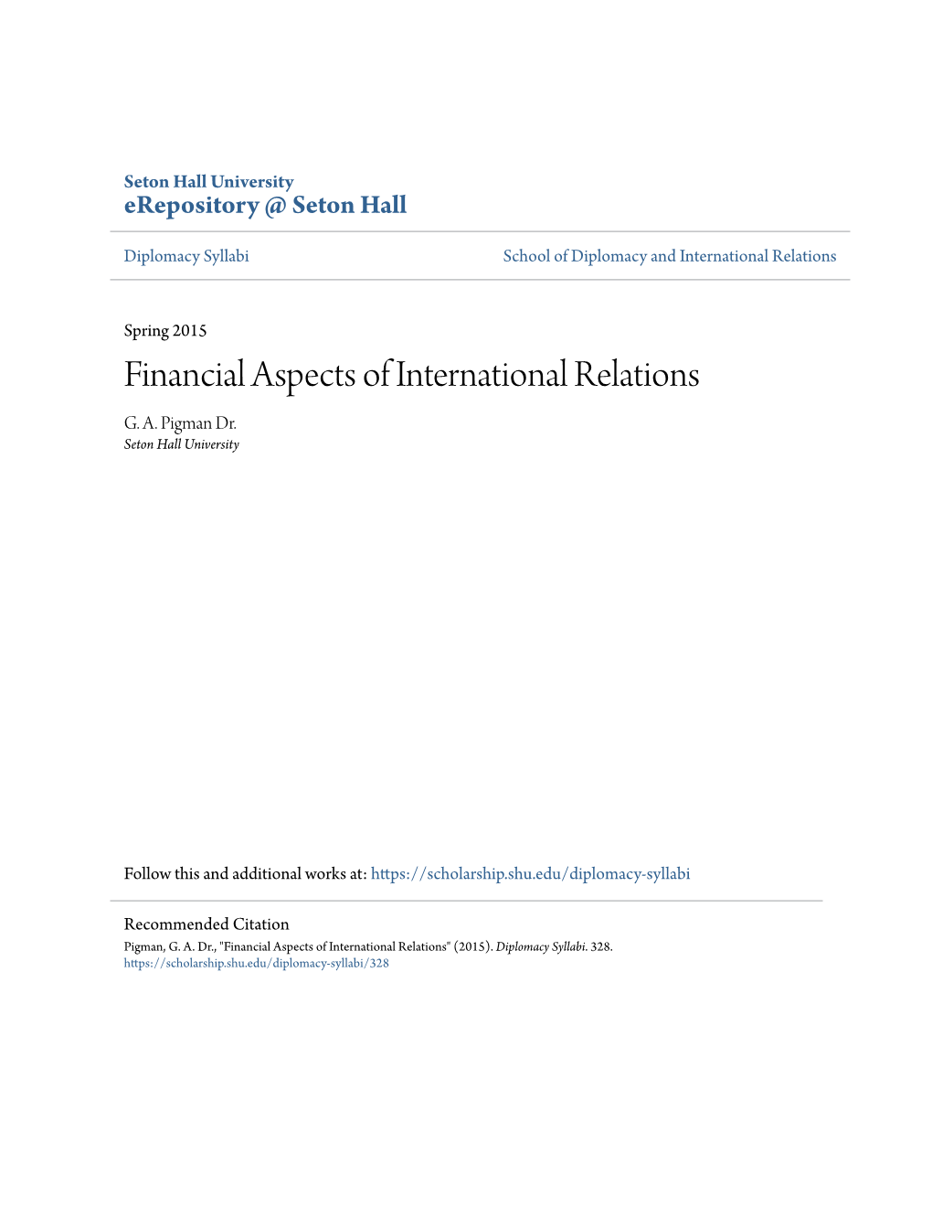 Financial Aspects of International Relations G