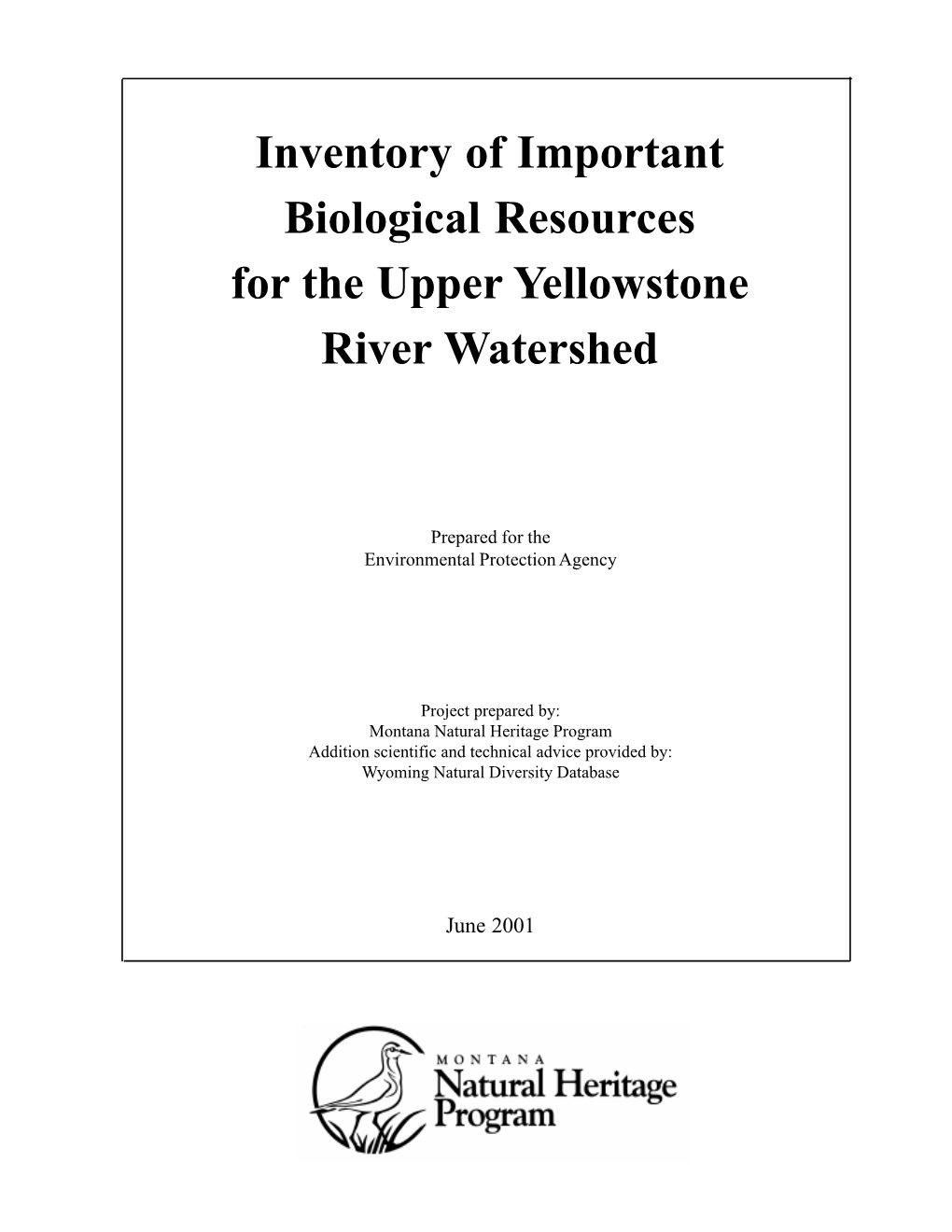 Inventory of Important Biological Resources for the Upper Yellowstone River Watershed