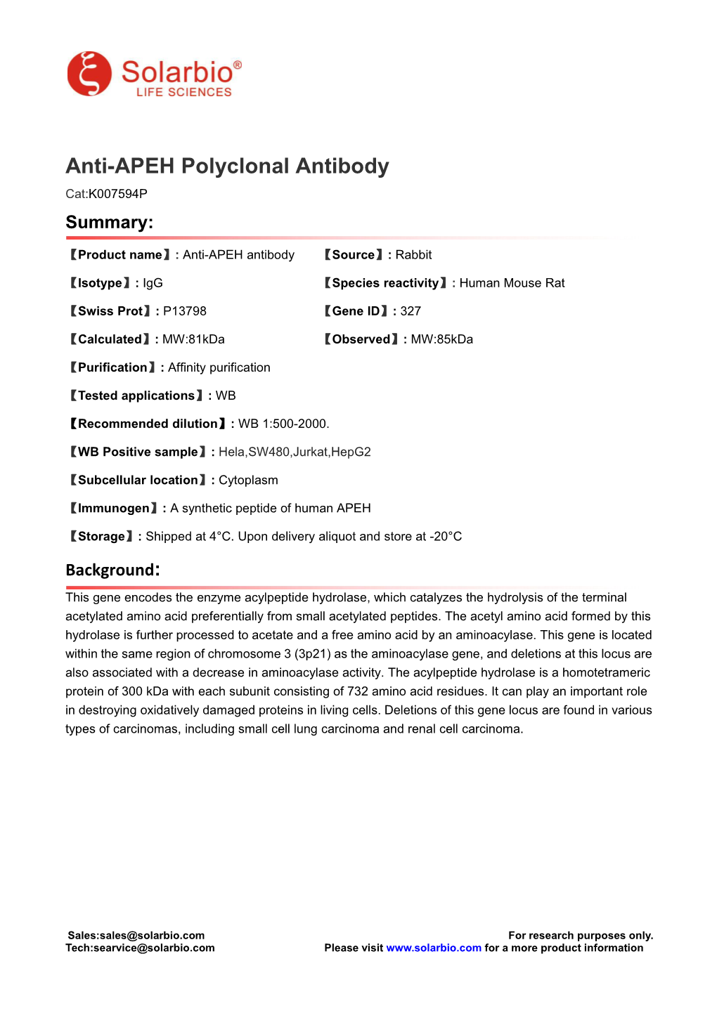 Anti-APEH Polyclonal Antibody Cat:K007594P Summary