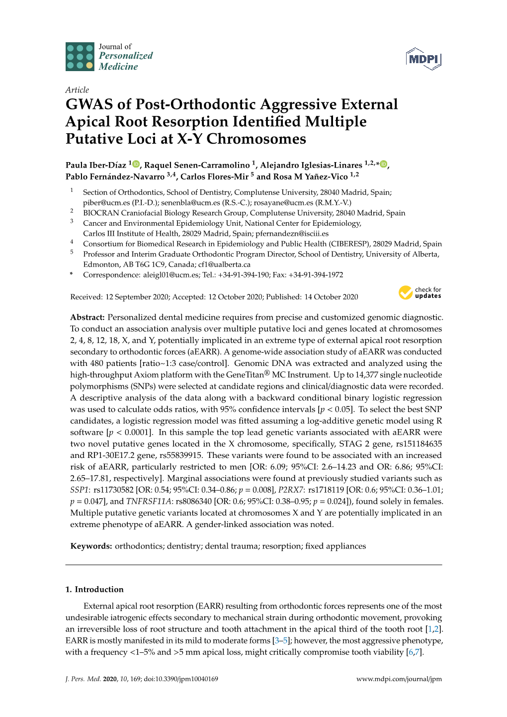 GWAS of Post-Orthodontic Aggressive External Apical Root Resorption Identiﬁed Multiple Putative Loci at X-Y Chromosomes