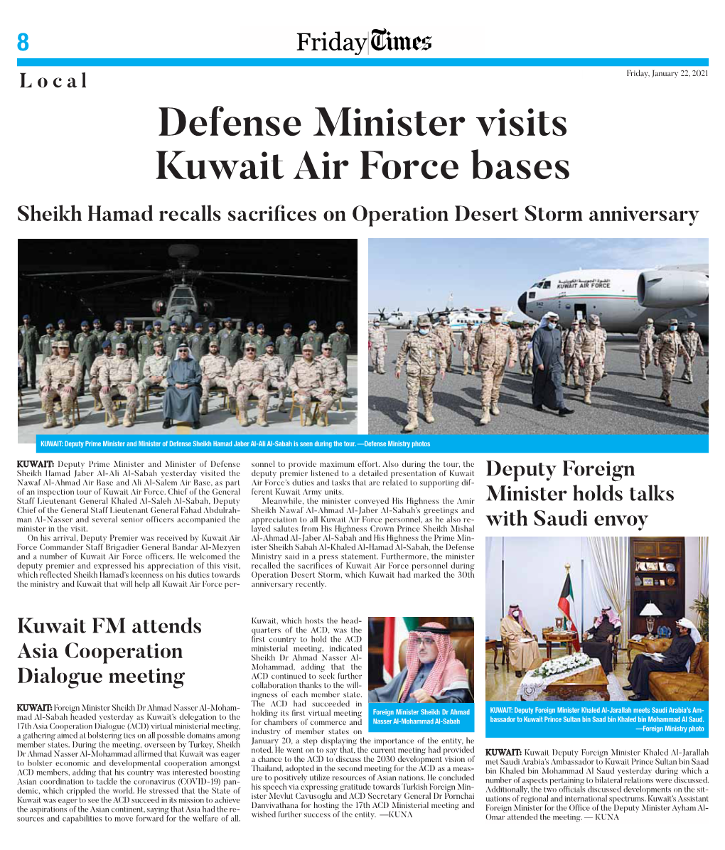 Defense Minister Visits Kuwait Air Force Bases Sheikh Hamad Recalls Sacrifices on Operation Desert Storm Anniversary