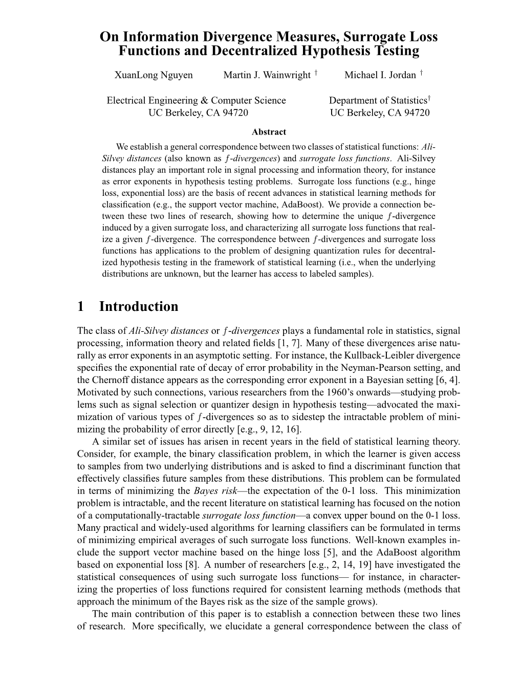 On Information Divergence Measures, Surrogate Loss Functions and Decentralized Hypothesis Testing