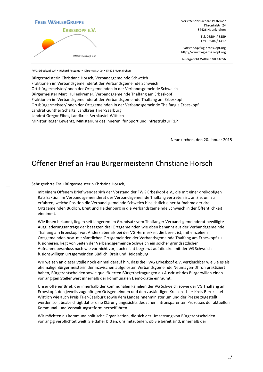 Offener Brief an Frau Bürgermeisterin Christiane Horsch