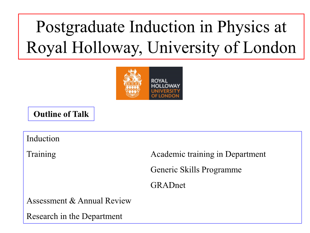 Postgraduate Induction in Physics at Royal Holloway, University of London