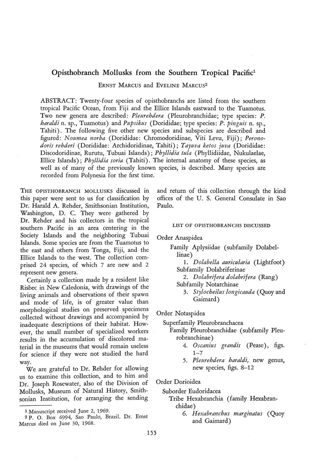 Opisthobranch Mollusks from the Southern Tropical Pacific' ERNST MARCUS and EVELINE MARCUS2