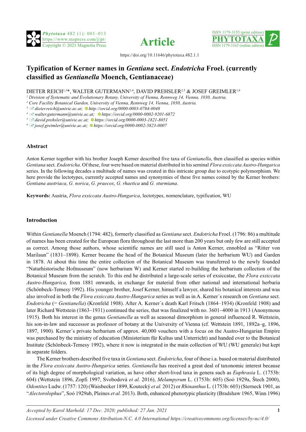 Typification of Kerner Names in Gentiana Sect. Endotricha Froel