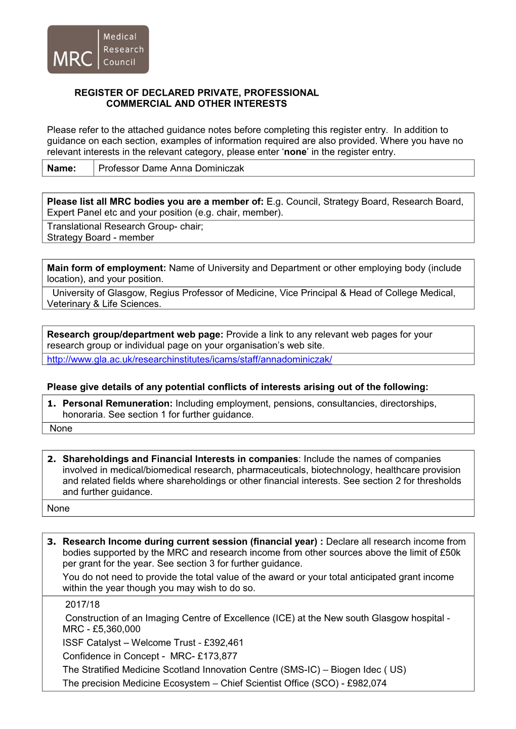 REGISTER of DECLARED PRIVATE, PROFESSIONAL COMMERCIAL and OTHER INTERESTS Please Refer to the Attached Guidance Notes Before