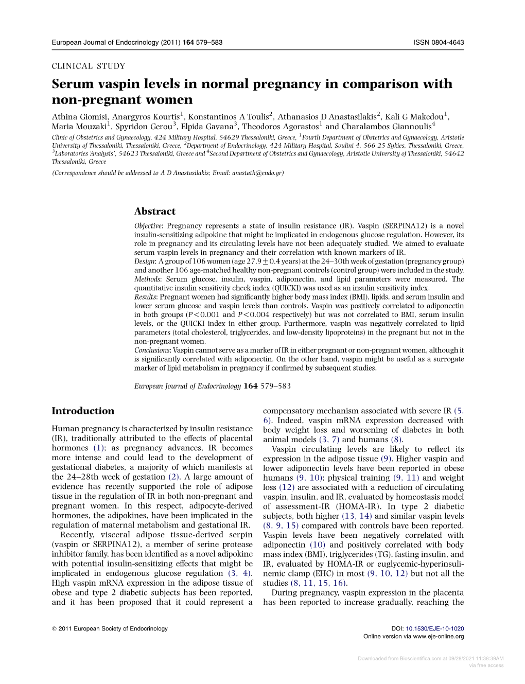 Serum Vaspin Levels in Normal Pregnancy in Comparison with Non-Pregnant Women