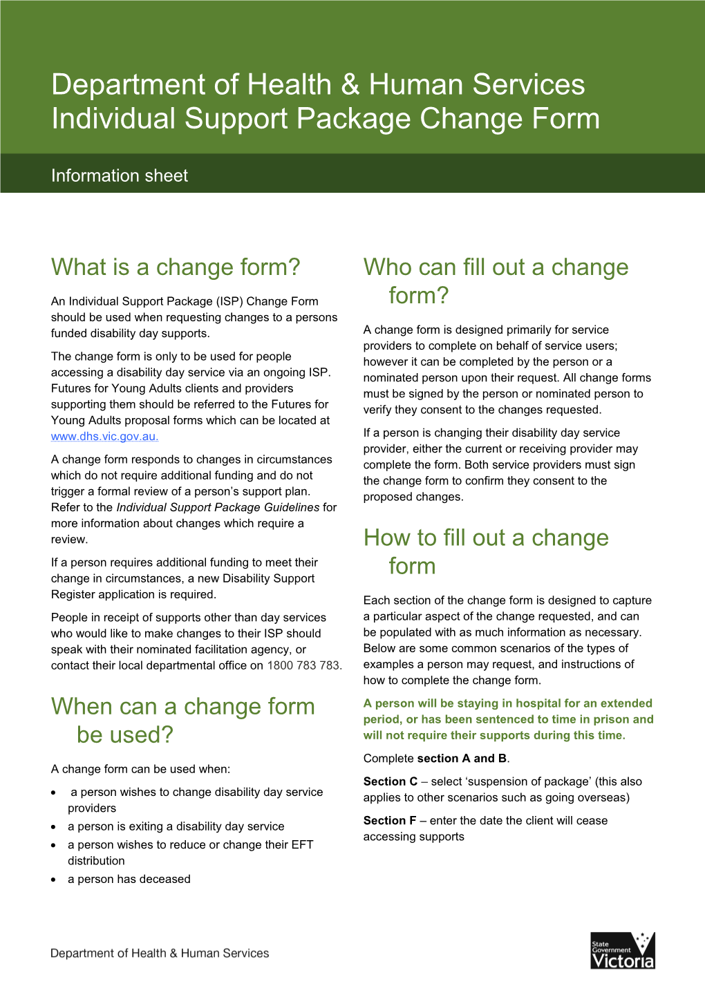 Department of Health & Human Service Individual Support Package Change Form: Information Sheet