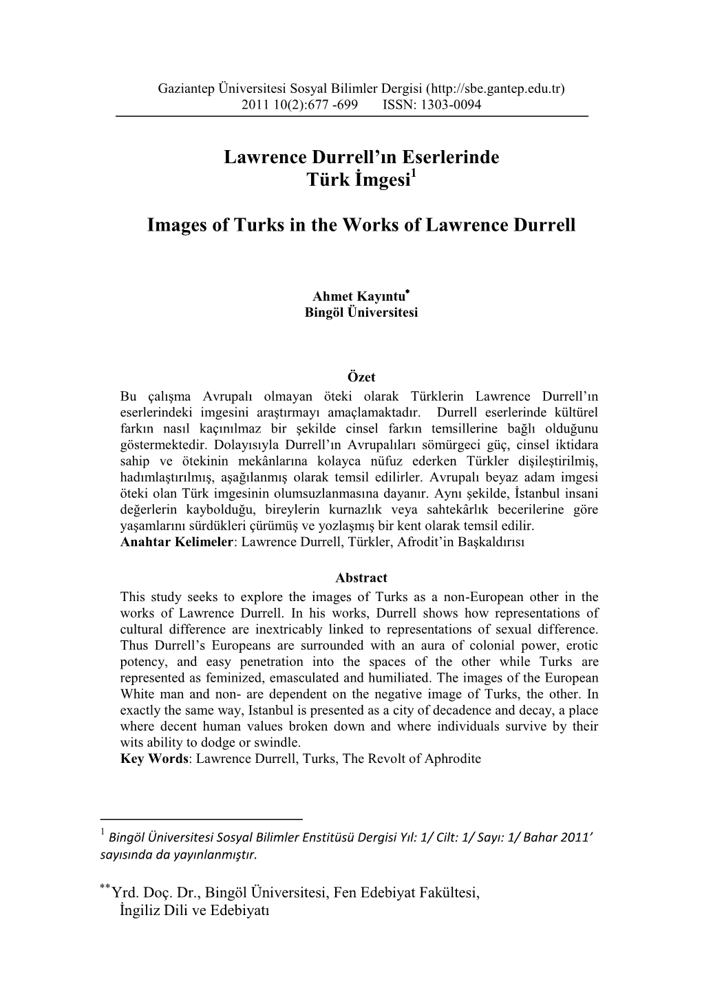 Lawrence Durrell'ın Eserlerinde Türk İmgesi1 Images of Turks in The