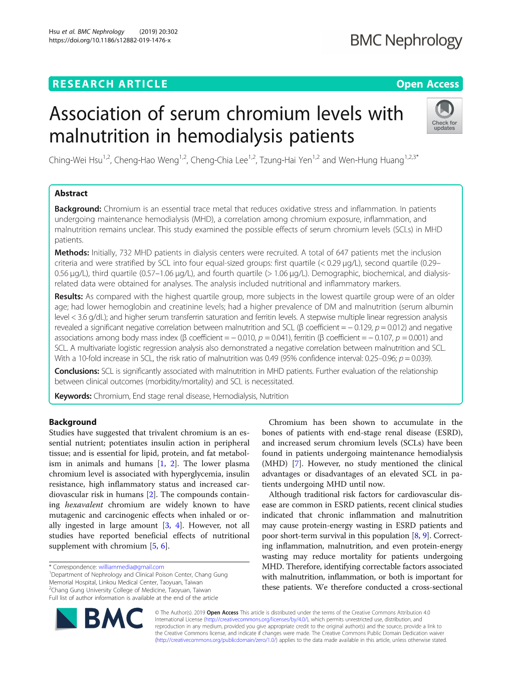 Association of Serum Chromium Levels with Malnutrition in Hemodialysis