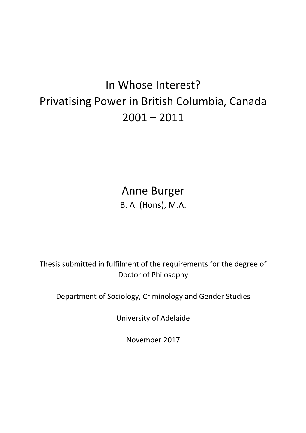 Privatising Power in British Columbia, Canada 2001 – 2011