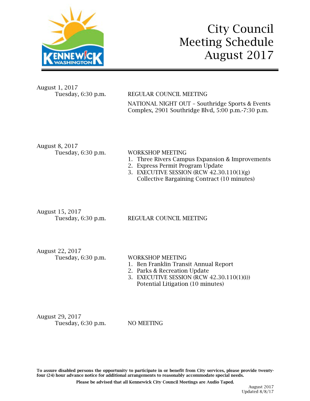 City Council Meeting Schedule August 2017