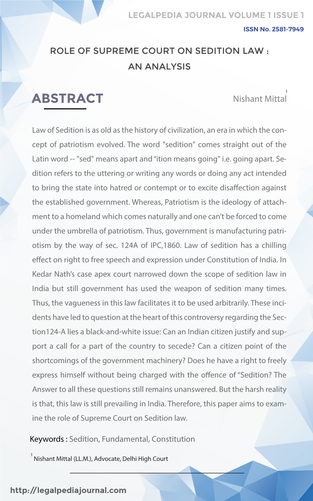 Abstract 1 Nishant Mittal Ablaw Sof Stractedition Is As Old As the History of Civilization, an Era in Which the Concept of Patriotism Evolved