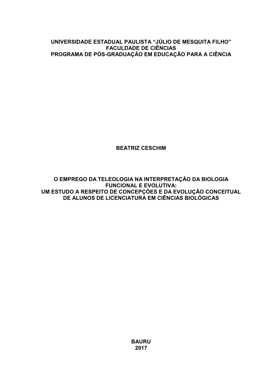 Júlio De Mesquita Filho” Faculdade De Ciências Programa De Pós-Graduação Em Educação Para a Ciência