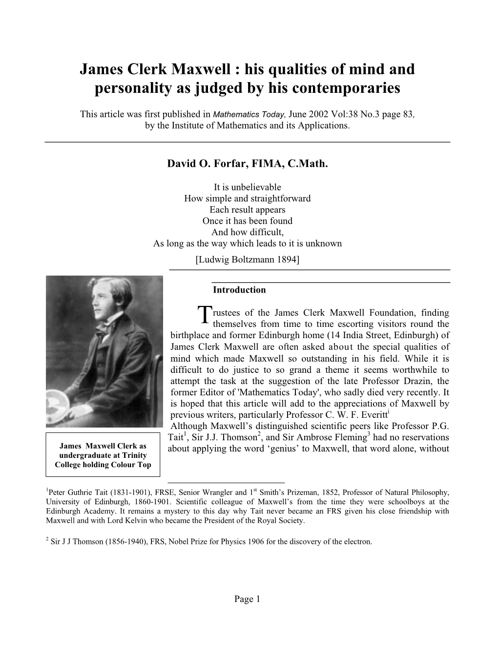 James Clerk Maxwell : His Qualities of Mind and Personality As Judged by His Contemporaries