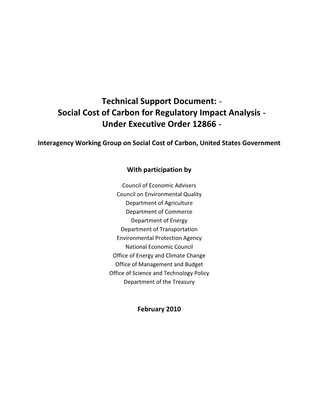 Social Cost of Carbon for Regulatory Impact Analysis ­ Under Executive Order 12866 ­