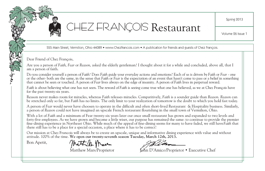 CHEZ FRANÇOIS Restaurant Volume 26 Issue 1