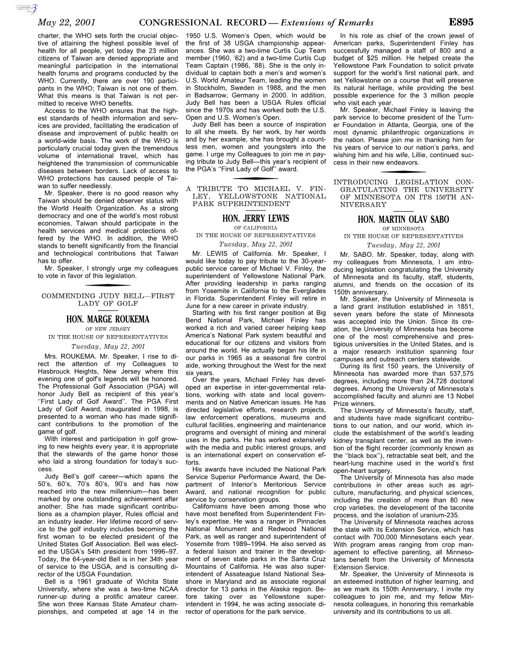 CONGRESSIONAL RECORD— Extensions of Remarks E895 HON. MARGE ROUKEMA HON. JERRY LEWIS HON. MARTIN OLAV SABO