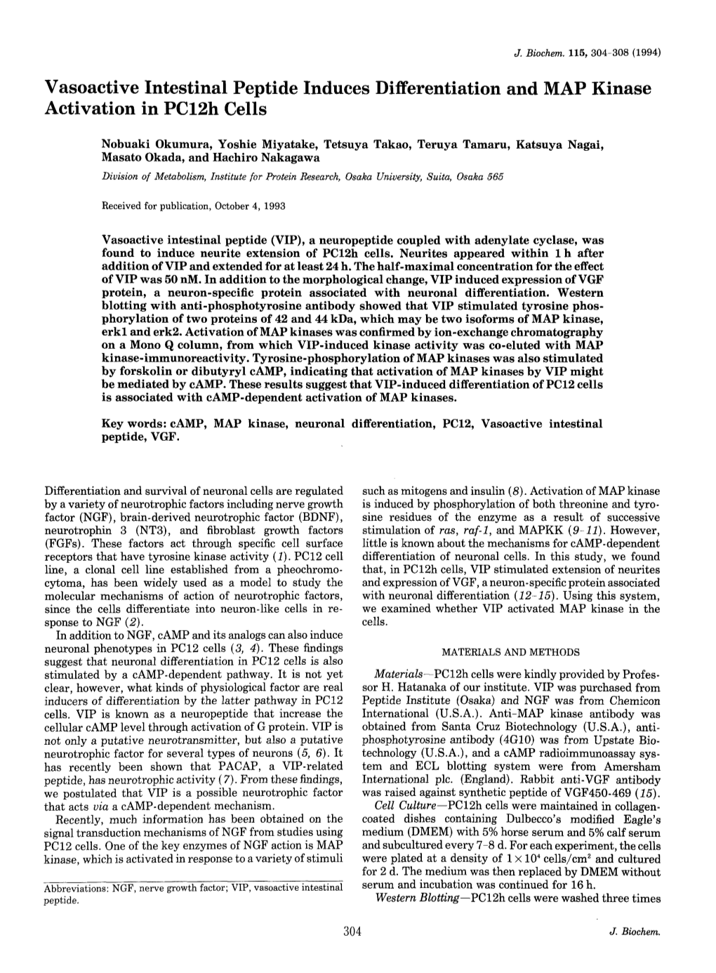 Vasoactive Intestinal Peptide Induces Differentiation and MAP Kinase Activation in Pc12h Cells