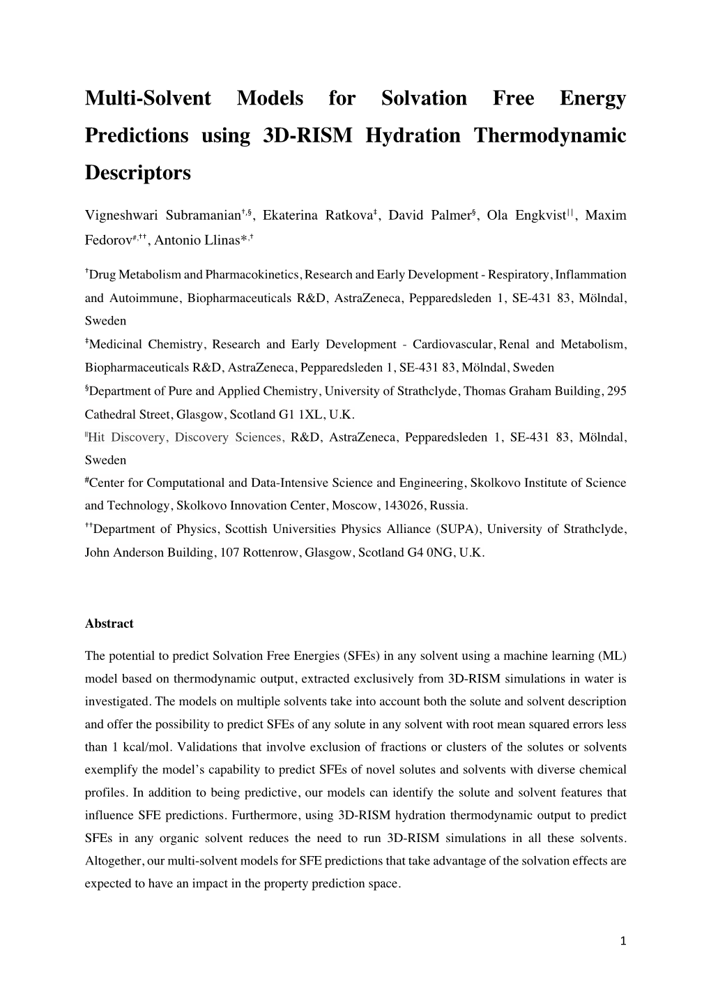 Multi-Solvent Models for Solvation Free Energy Predictions Using 3D-RISM Hydration Thermodynamic Descriptors