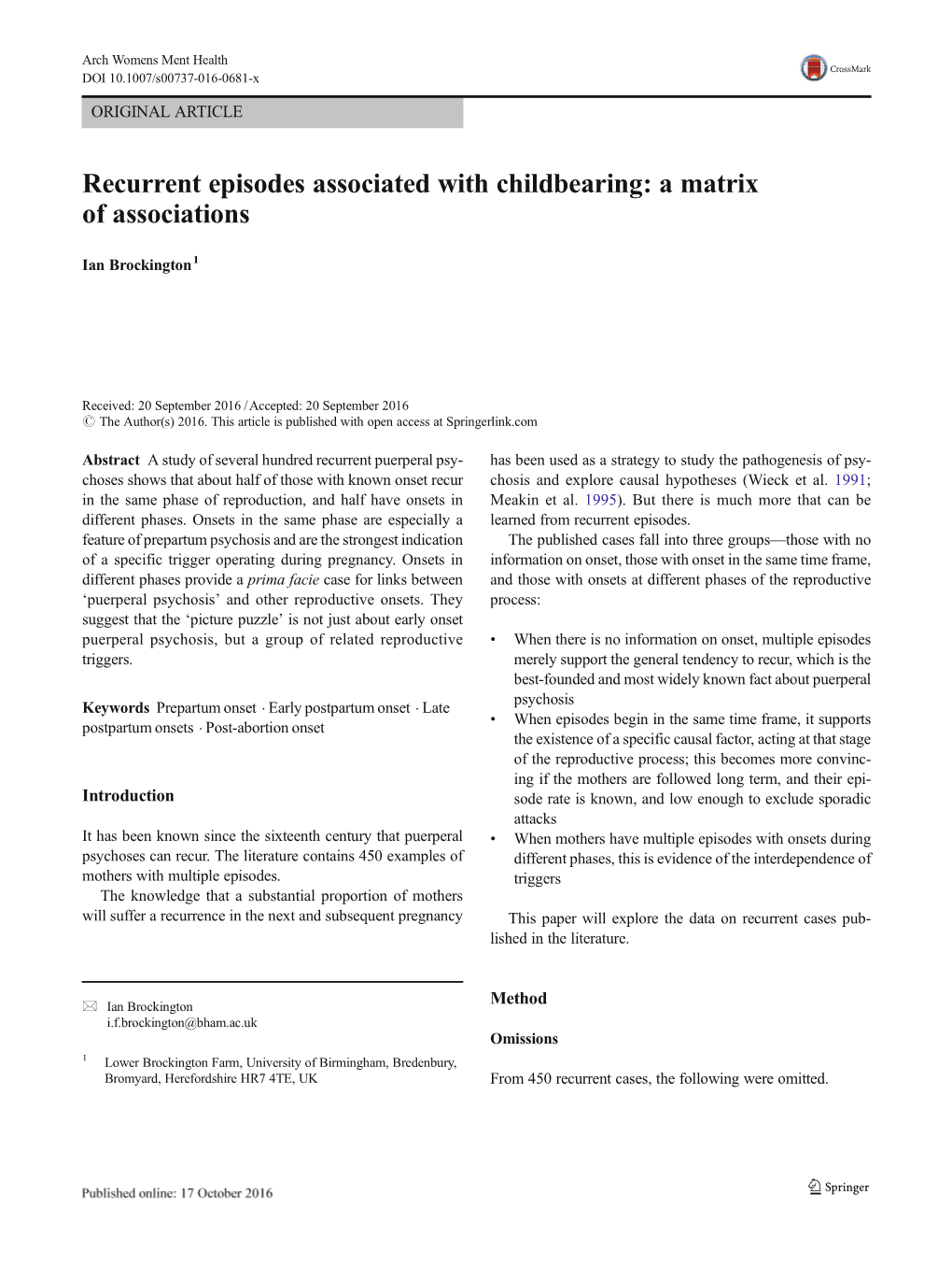 Recurrent Episodes Associated with Childbearing: a Matrix of Associations