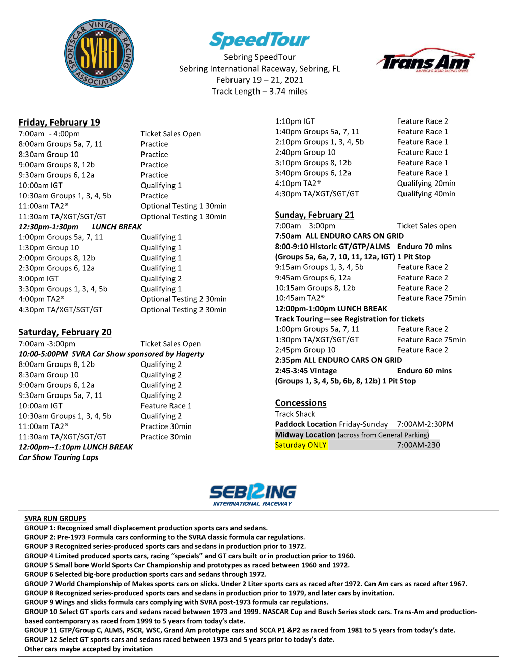 Sebring Spectator Schedule