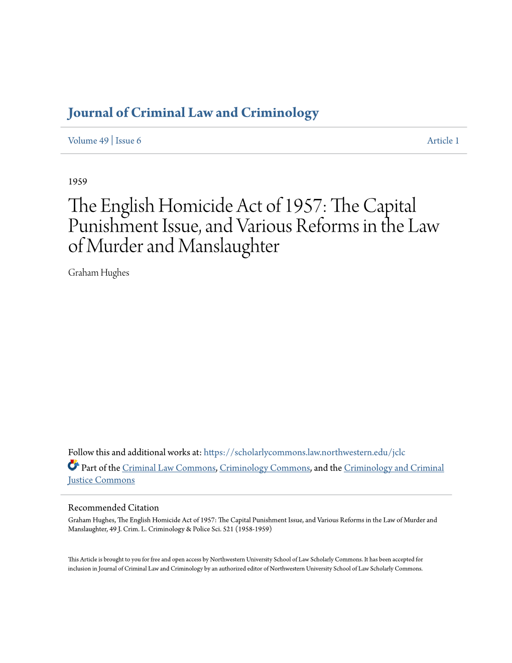 The English Homicide Act of 1957: the Capital Punishment Issue, And