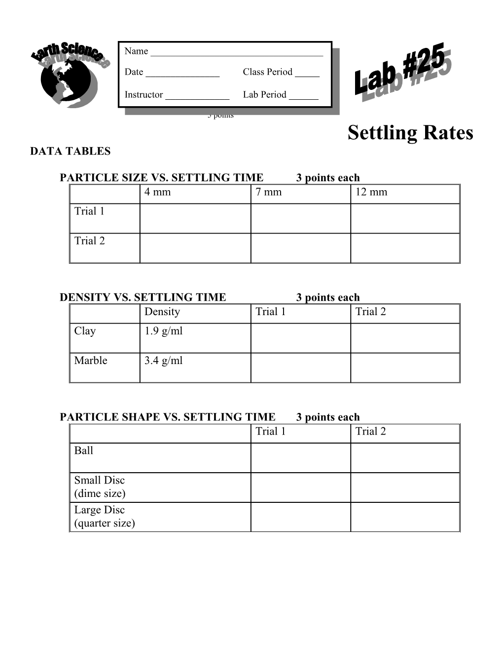 PARTICLE SIZE VS. SETTLING TIME 3 Points Each