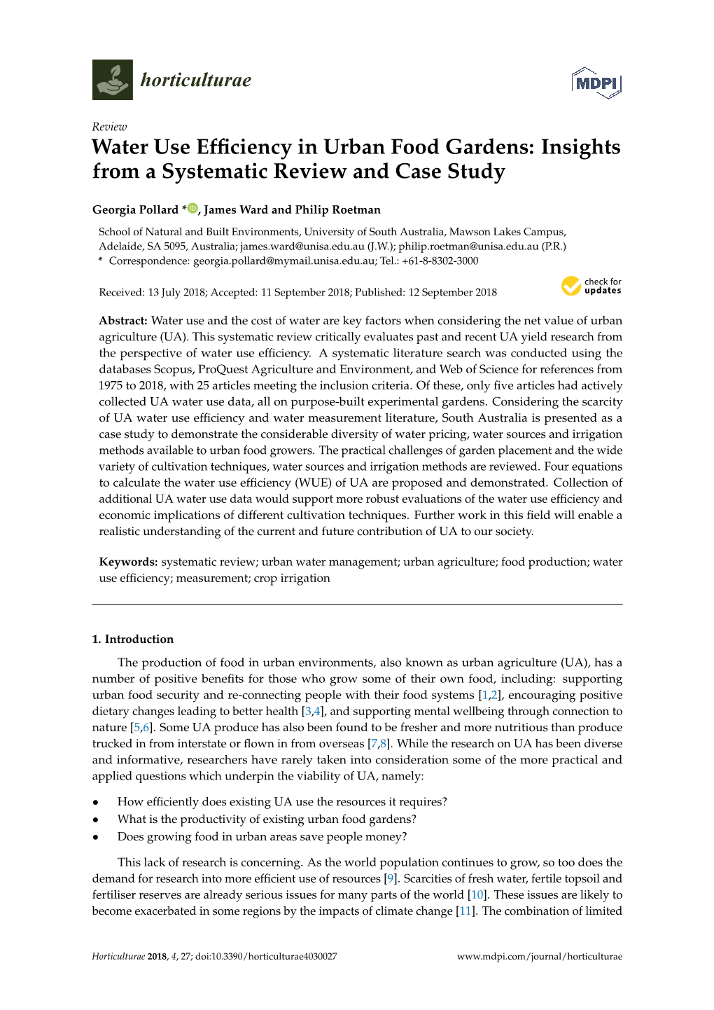 Water Use Efficiency in Urban Food Gardens: Insights from a Systematic Review and Case Study