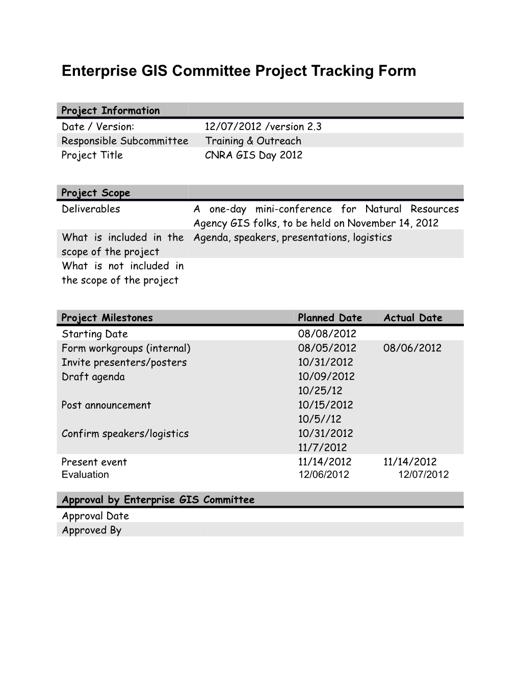 Enterprise GIS Committee Project Tracking Form