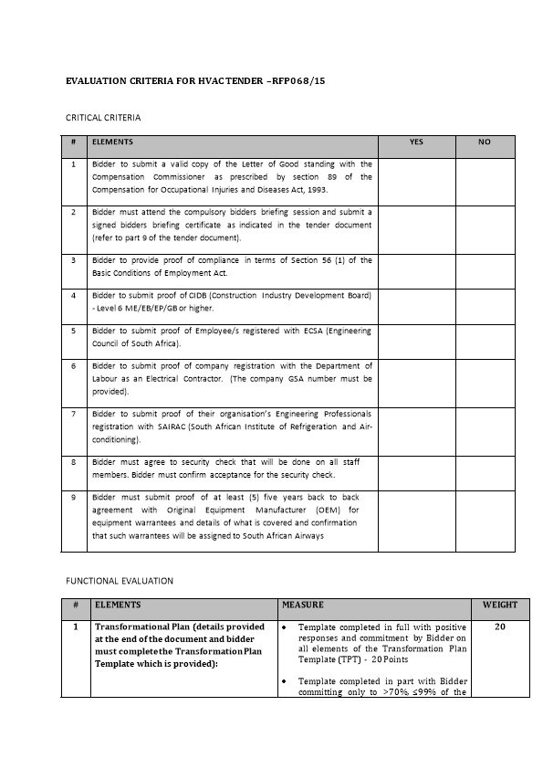 Evaluation Criteria for Hvac Tender Rfp068/15