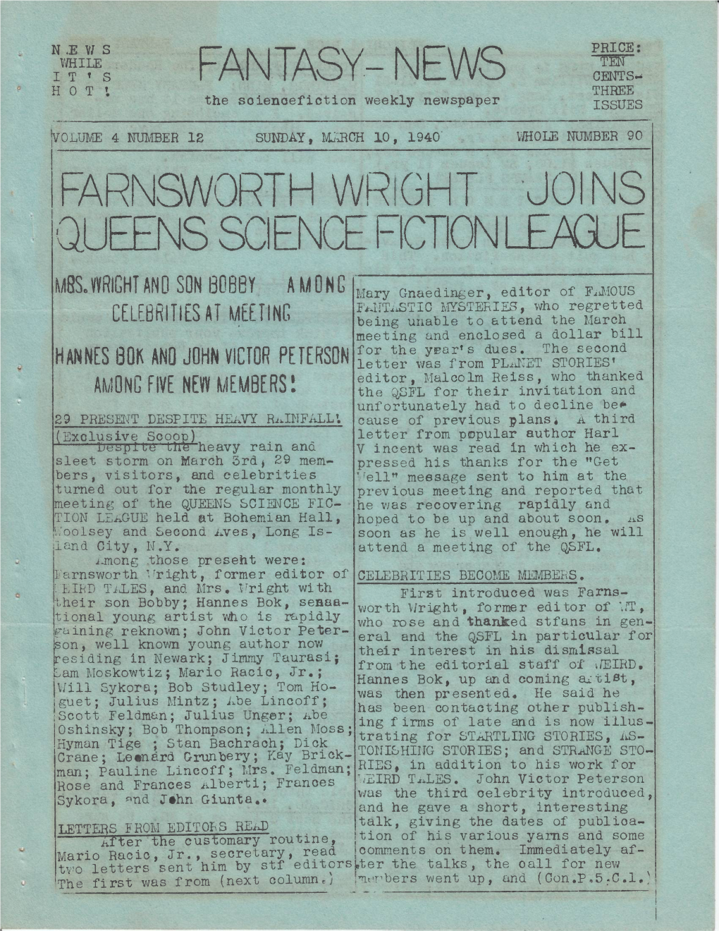 Fantasy- News Farnsworth Wright Queens Science Fictionleague