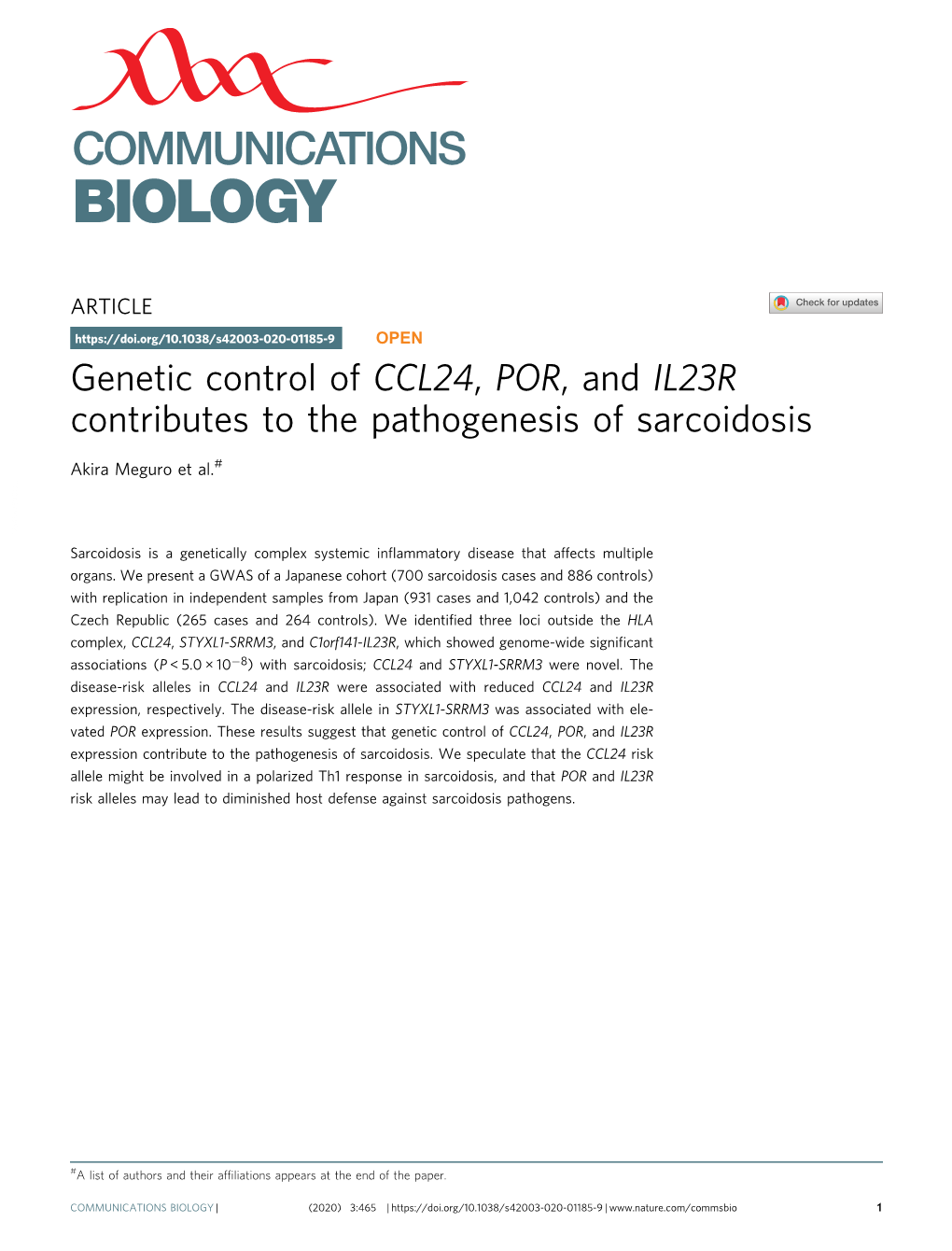 Genetic Control of CCL24, POR, and IL23R Contributes to the Pathogenesis of Sarcoidosis