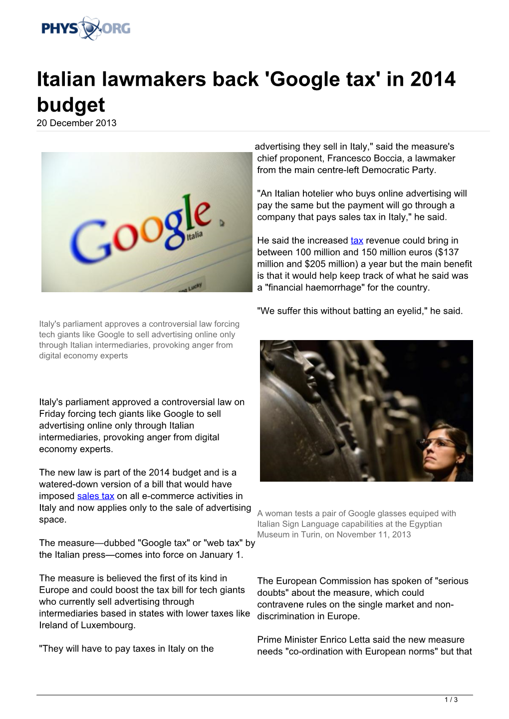 Italian Lawmakers Back 'Google Tax' in 2014 Budget 20 December 2013