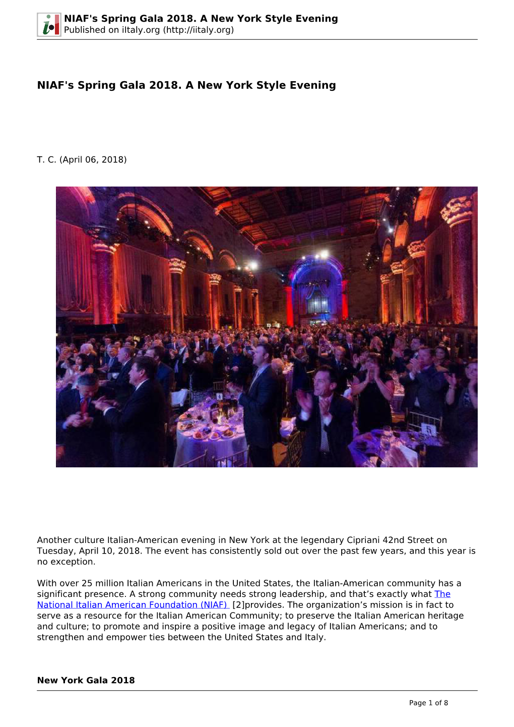 NIAF's Spring Gala 2018. a New York Style Evening Published on Iitaly.Org (
