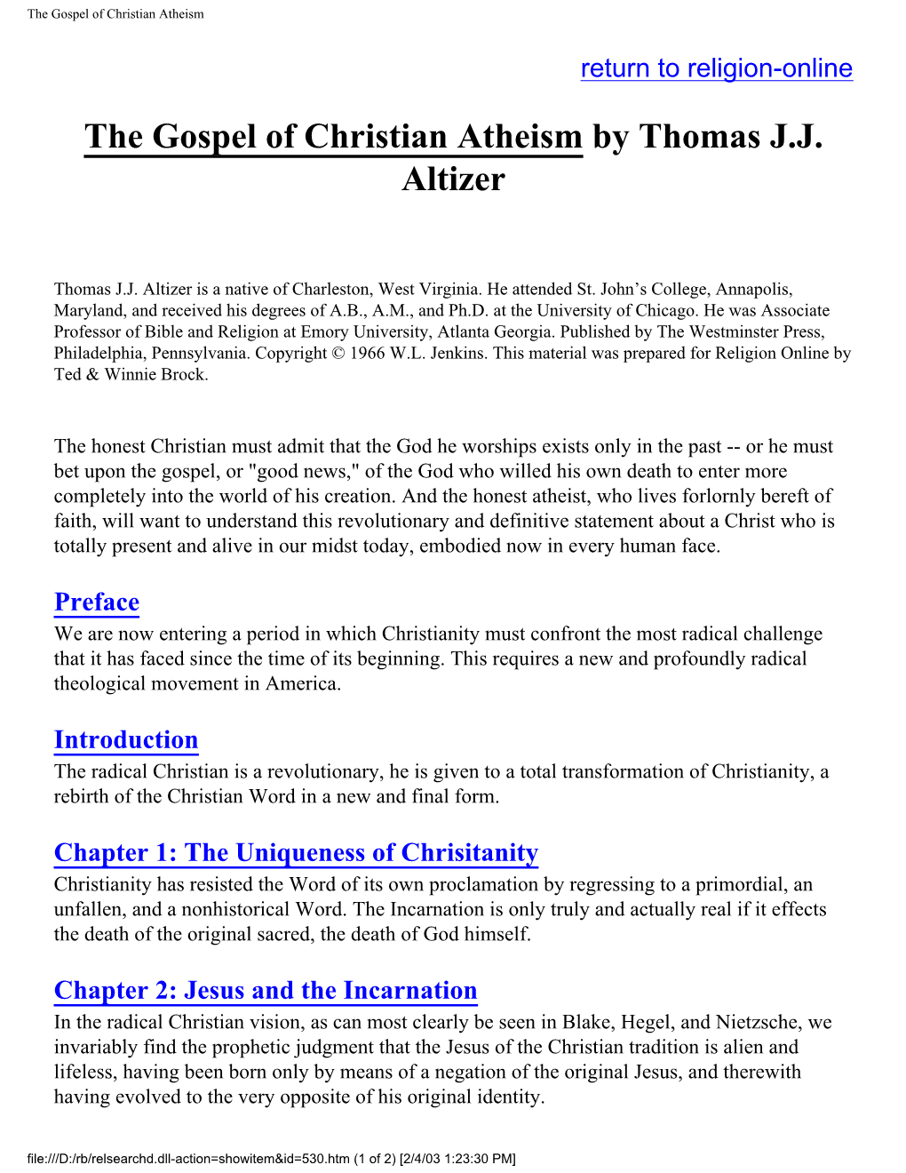 The Gospel of Christian Atheism by Thomas JJ Altizer